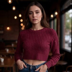 Moral Fiber oversized Cropped Long Sleeve Red Burgundy Sweater Top